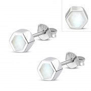 Tiny Mother of Pearl Hexagon Silver Stud Earrings, e372